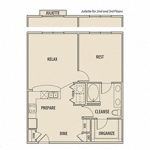 Floor plan for 1 bed, 1 bath, 828 sqft